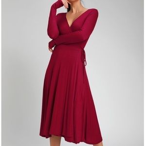 Keira Burgundy Ribbed Long Sleeve Midi Wrap Dress - Size XS S